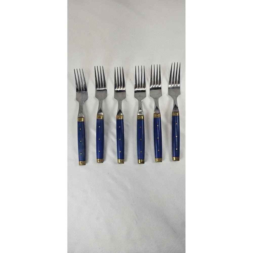 Vintage Japan Fork Set Blue‎ Handle Brass Rivet Melron Style Bistro 6pc